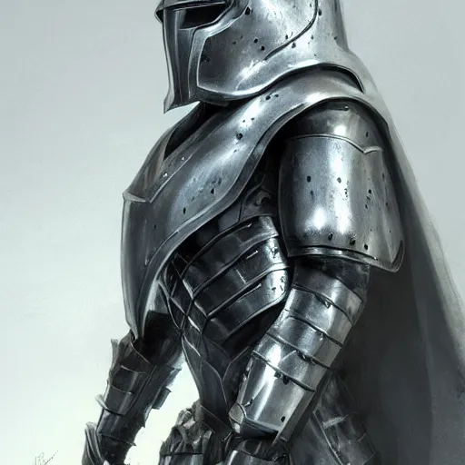 Image similar to man in crusader armor, helmet and white cape drawn by greg rutkowski realistic high detail