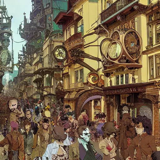 Prompt: a street of a big flying steam punk city full of people with strange costumes, anime manga illustration detailed art Geof Darrow and Phil hale and Ashley wood and Ilya repin alphonse mucha pop art nouveau