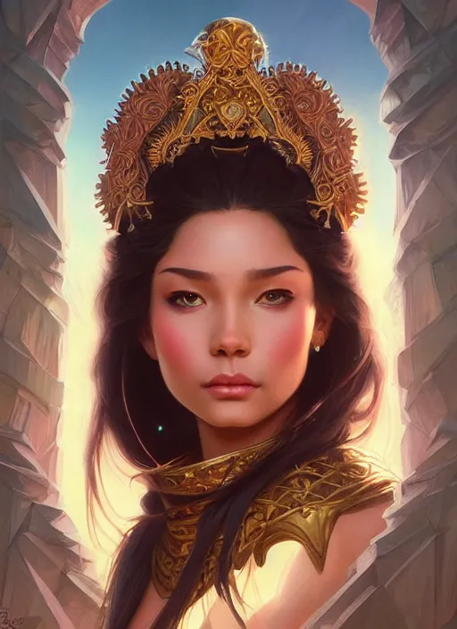 Image similar to portrait of russian mexican asian girl jodhpurs hyperborea lemuria, deep focus, d & d, fantasy, intricate, elegant, highly detailed, digital painting, artstation, concept art, matte, sharp focus, illustration, hearthstone, art by rhads by artgerm and greg rutkowski and alphonse mucha