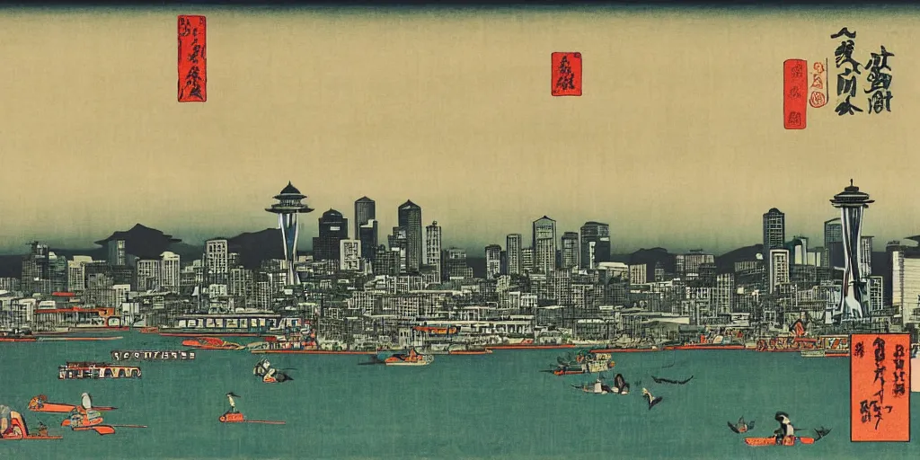 Prompt: Seattle city skyline, woodblock print by Hiroshige