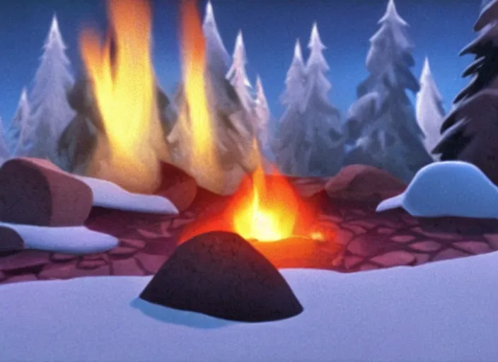 Image similar to tiny smoldering campfire glowing in a stark minimalist frozen creek snowdrift landscape from mulan ( 1 9 9 8 )