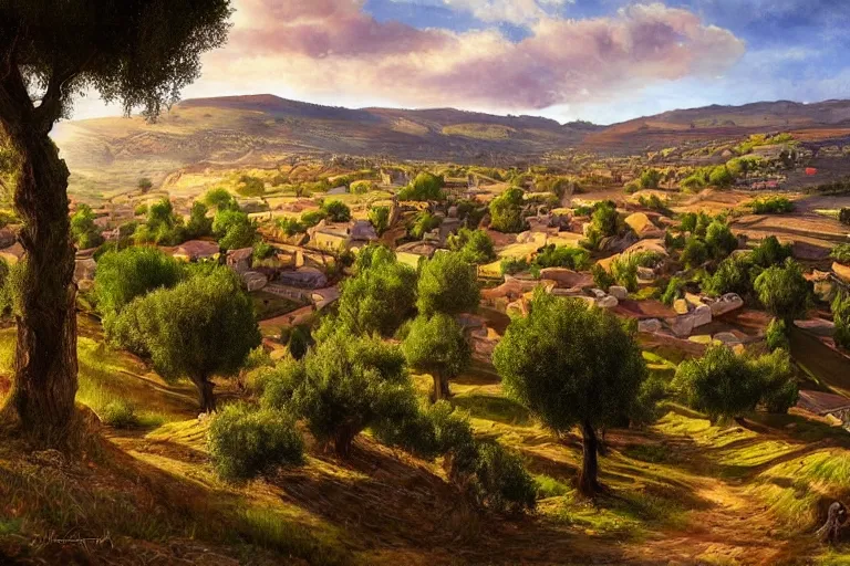 Image similar to beautiful amazing mind-bending stunning inspiring painting of a traditional hilly rural town landscape with many olive trees!, fantasy, painted in photoshop, digital art, hyperrealistic, sharpened, highly detailed, cinematic, wide angle, warm lighting, trending on artstation