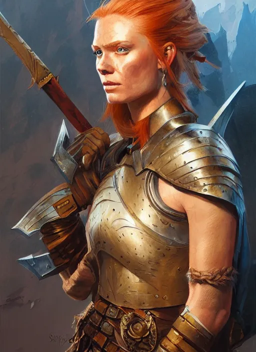 Prompt: highly detailed painting of a warrior woman commander, armored, icelandic redhead, tan skin, blue - eyes, high fantasy, dungeons and dragons art by jon foster trending on artstation painted by greg rutkowski, painted by stanley artgerm