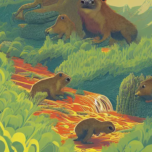 Prompt: painting by kilian eng of a group of marmots playing in a mountain stream, kilian eng