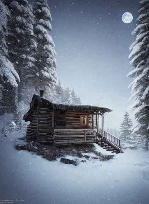 Prompt: an abandoned cabin on the top of a snowy mountain, waxing moon, greg rutkowski, 8 k, shallow depth of field, intricate detail, concept art,