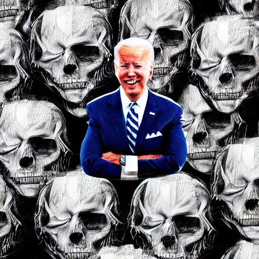 Image similar to Joe Biden sitting on a throne of skulls, digital painting