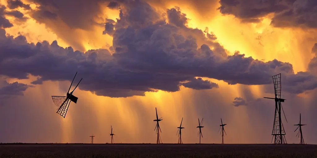 Image similar to photo of a stormy west texas sunset, perfect windmill, lightning, golden hour, high quality, beautiful!!!