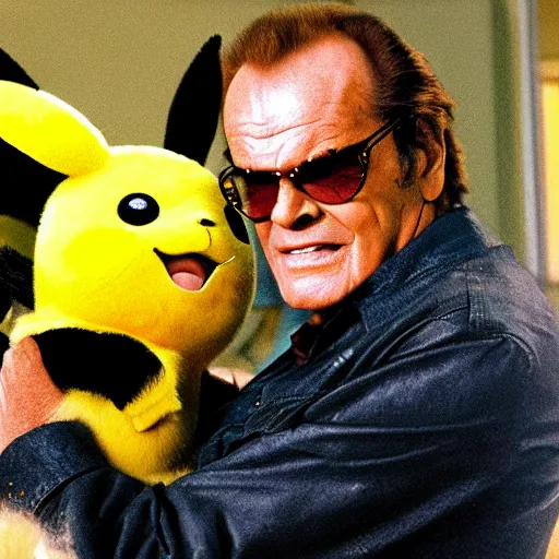 Image similar to Jack Nicholson plays Terminato and is Pikachu, yellow fur explodes