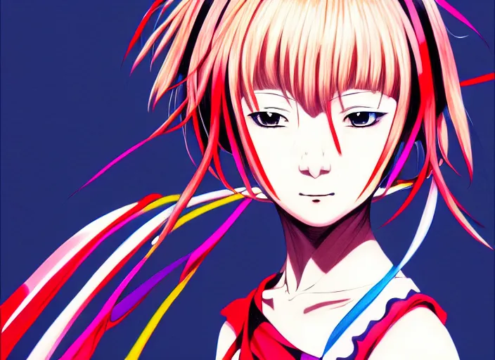 Image similar to editorial illustration colorful anime portrait of shiina ringo, murata range, last exile, yoh yoshinari, studio trigger, anime, manga, ilya kuvshinov, fine texture, realistic shading, fine details, matte colors, dramatic lighting, dynamic composition, moody, vivid, volumetric, stippled lighting, cinematic