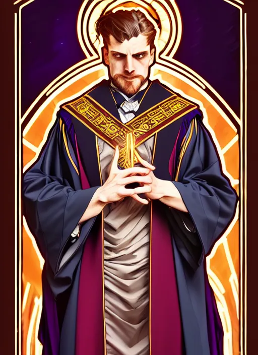 Image similar to overlord, wearing an academic gown, tarot card, highly detailed, deep focus, elegant, digital painting, smooth, sharp focus, illustration, ultra realistic, 8 k, art by artgerm and alphonse mucha