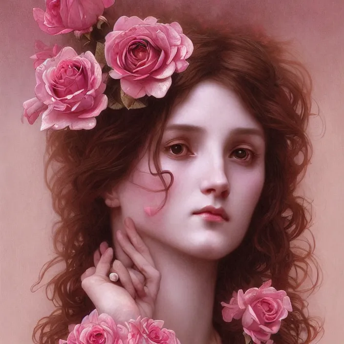 Prompt: a wonderful goddess with the skull made of rose pink petals, intricate, elegant, highly detailed, wonderful eyes, sweet, digital painting, artstation, concept art, smooth, sharp focus, illustration, art by artgerm and greg rutkowski and alphonse mucha and william - adolphe bouguereau