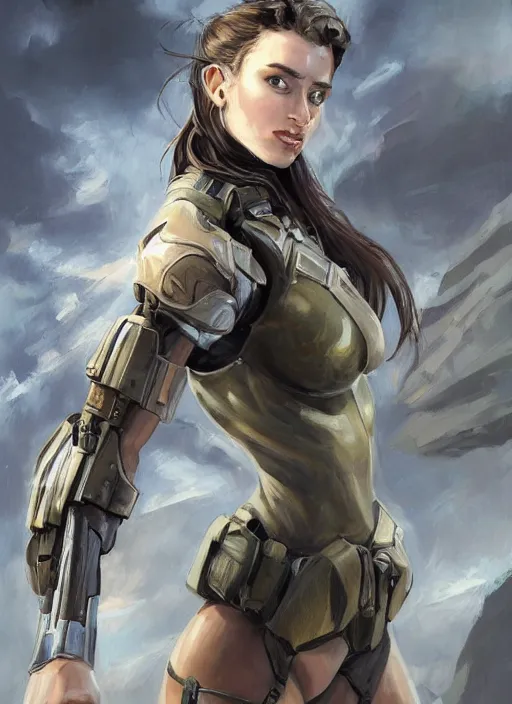 Prompt: a professionally painting of an attractive young girl, partially clothed in sci-fi military armor, olive skin, long dark hair, beautiful bone structure, perfectly proportioned, symmetrical facial features, intricate, elegant, heroic pose, digital painting, concept art, smooth, sharp focus, finely detailed, beautifully framed, from Metal Gear, in the style of Greg Rutkowski and William-Adolphe Bouguerea, trending on Artstation, award winning