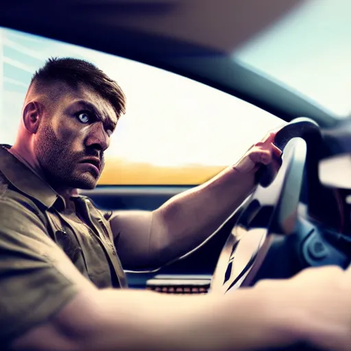 Prompt: ultrarealistic picture of an angry male (((driver))) driving his car, the driver is looking at the camera, very vey very detailed face, face clearly visible, front of the car clearly visible, steering wheel clearly visible, octane render, trending on artstation, steampunk art