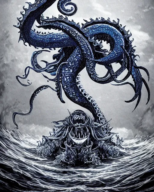 Image similar to A huge blue kraken in a vast sea, terrifying, black and white, fantasy art, monster art, in the style of masami kurumada, illustration, epic, fantasy, intricate, hyper detailed, artstation, concept art, smooth, sharp focus, ray tracing