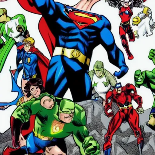 Prompt: the justice league teams up with the avengers, cartoon, highly detailed, 9 0 s, epic, dynamic, ultra hd