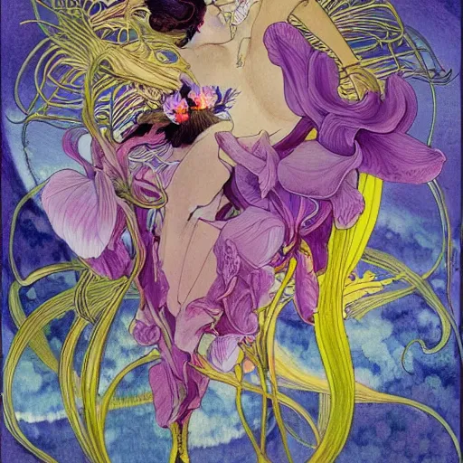 Image similar to majestic colorful orchid mantis by leon bakst and yoshitaka amano, beautiful hyperdetailed art nouveau orchids, james jean, carlos schwabe, amanda sage