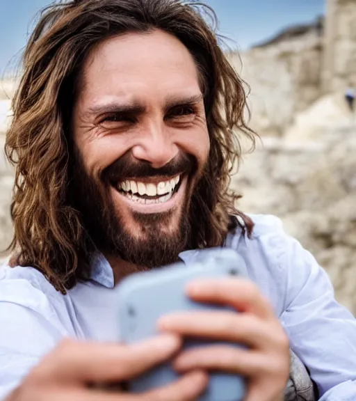 Prompt: Jesus taking a selfie. He is laughing. Professional photo