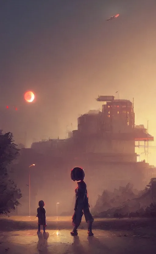 Prompt: digital painting of child playing with a huge humanoid robot in a park, sunset, a dark dystopian city behind a huge wall, dystopic, stunning, cinematic lighting, concept art by greg rutkowski and simon stalenhag and wlop, artstation