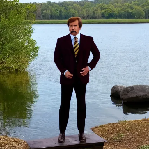 Image similar to Ron Burgundy standing near a lake with Champ Kind