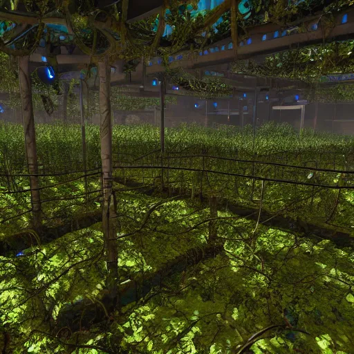 Prompt: Racks of computer equipment surrounded by ancient ruins and covered in vines, concept art, highly detailed, 8k, hyper realistic, unreal engine