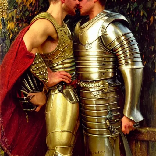 Image similar to attractive fully clothed arthur pendragon confesses his love for his attractive fully clothed male knight. highly detailed painting by gaston bussiere and j. c. leyendecker 8 k