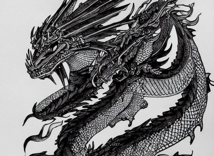 Image similar to modern pen and ink drawing, dragon steam punk, clean lines, really clear, crisp detail, fine pen, Olivia Kemp, julia Hill