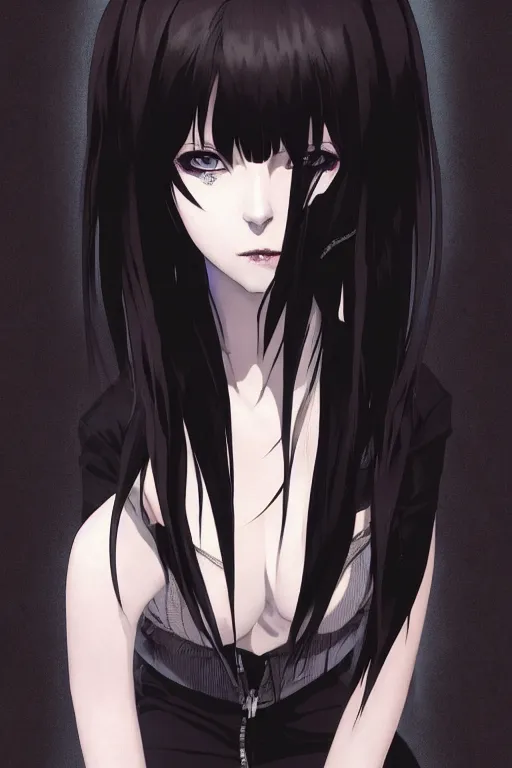 Image similar to portrait Anime goth cyberpunk girl, blame, cute-fine-face, black-hair pretty face, realistic shaded Perfect face, fine details. Anime. realistic shaded lighting by Ilya Kuvshinov katsuhiro otomo ghost-in-the-shell, magali villeneuve, artgerm, rutkowski, WLOP Jeremy Lipkin and Giuseppe Dangelico Pino and Michael Garmash and Rob Rey and Tsutomu Nihei