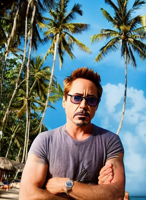 Image similar to a full portrait photo of robert downey jr holiday in bali, f / 2 2, 3 5 mm, 2 7 0 0 k, lighting, perfect faces, award winning photography.