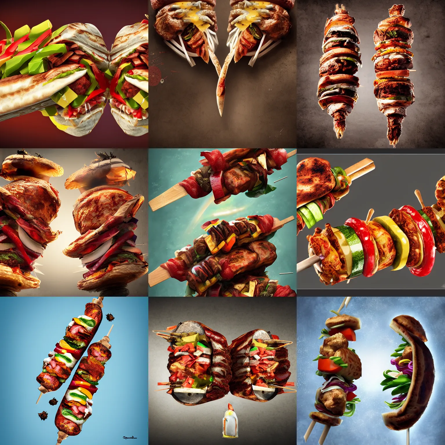 Prompt: A two twin brothers transformed into a kebab, digital art, beautiful, wallpaper 4K, epic, detailed, sharp, trending on artstation and behance