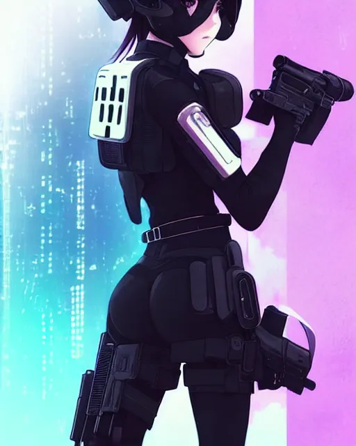 Prompt: 2 b, anime key visual of a young female swat officer, neon, cyberpunk, futuristic, white outfit, black swat vest, swat helmet, holding pdw, stunning, highly detailed, digital painting, smooth, soft focus, illustration, 4 k digital art from artstation by artgerm and greg rutkowski and alphonse mucha