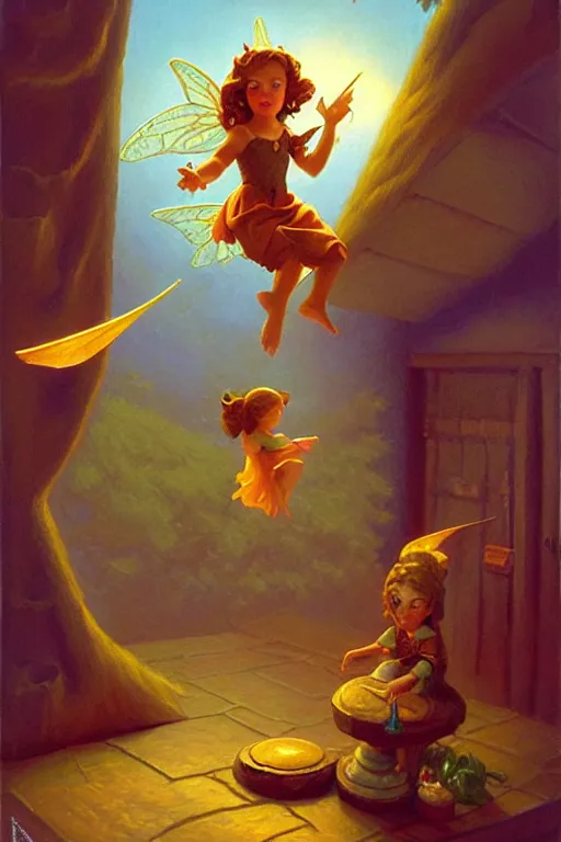 Prompt: classic oil painting, a cute fairy is hovering, as a dnd character, inside a child's bedroom, cottagecore, highly detailed, digital illustration, concept art, smooth, sharp focus, art by tim hildebrandt, and greg hildebrandt