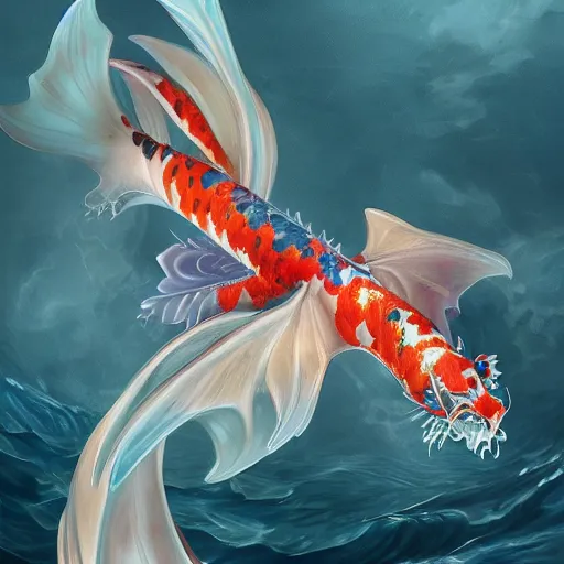 Image similar to opalescent koi dragon flying through water, art, fantasy, intricate, elegant, highly detailed, digital painting, trending on artstation, concept art, smooth, sharp focus, hyperrealistic, illustration, art by Loish and WLOP