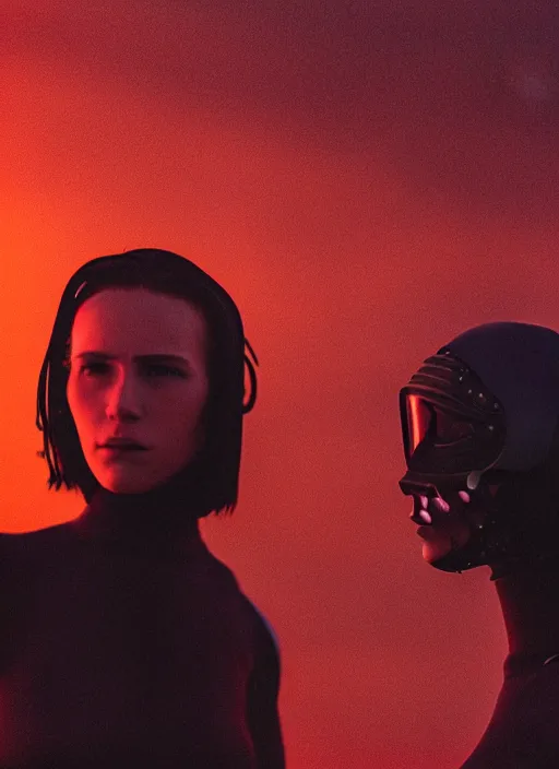 Image similar to cinestill 5 0 d photographic portrait of two loving female androids wearing rugged black techwear on a desolate plain with a red sky, extreme closeup, cyberpunk style, garters, body suits, dust storm, 8 k, hd, high resolution, 3 5 mm, f / 3 2, ultra realistic faces, ex machina