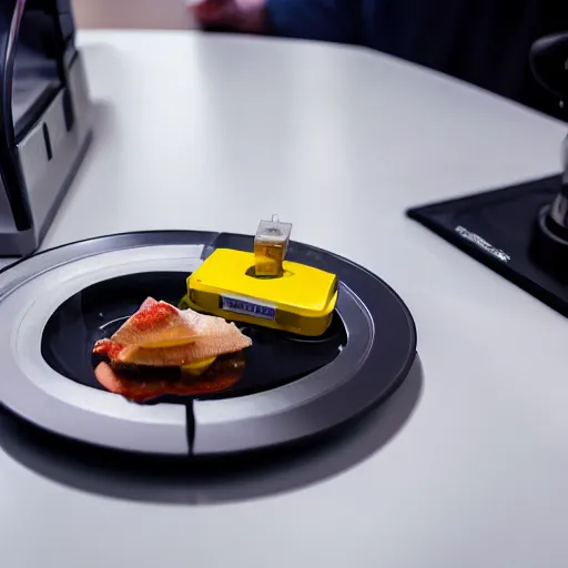 Image similar to a floppy disk in a plate being served to a robot for breakfast, unreal engine