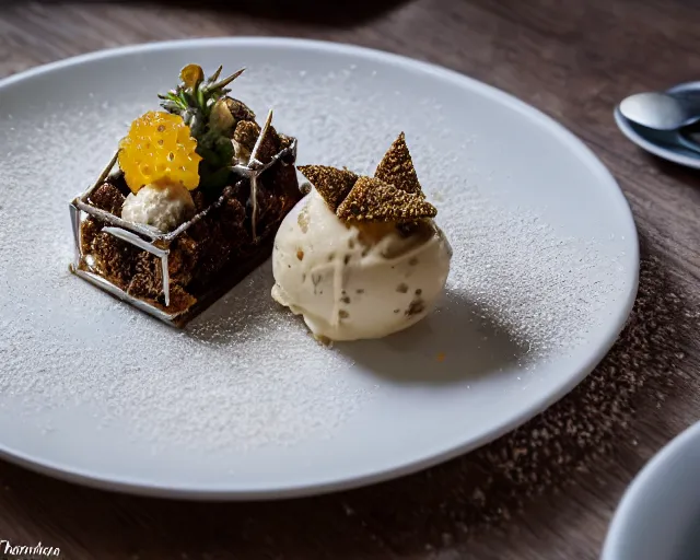 Prompt: a fine dining dessert plate of spiky cactus and ice cream, sugar sprinkled, honeycomb lattice, food photography, michelin star, fine dining, bokeh