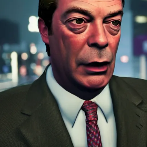 Image similar to nigel farage in gta 5, splash art, movie still, cinematic lighting, dramatic, octane render, long lens, shallow depth of field, bokeh, anamorphic lens flare, 8 k, hyper detailed, 3 5 mm film grain