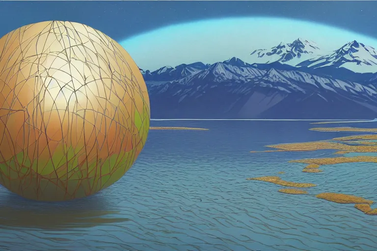 Image similar to a giant ((((metallic)))) floating sphere covered in canadian colorful aboriginal patterns!! hovering above a Yukon lake, (painted by Ralph McQuarrie), matte painting, very detailed, cold colors, concept art