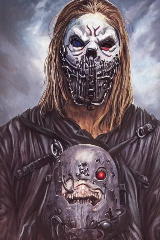 Prompt: a full body high detail fantasy portrait oil painting illustration of slipknot band by justin sweet with face and body clearly visible, in a scenic background, realistic proportions, d & d, rpg, forgotten realms, artstation trending, high quality, sombre mood, artstation trending, muted colours, entire person visible!