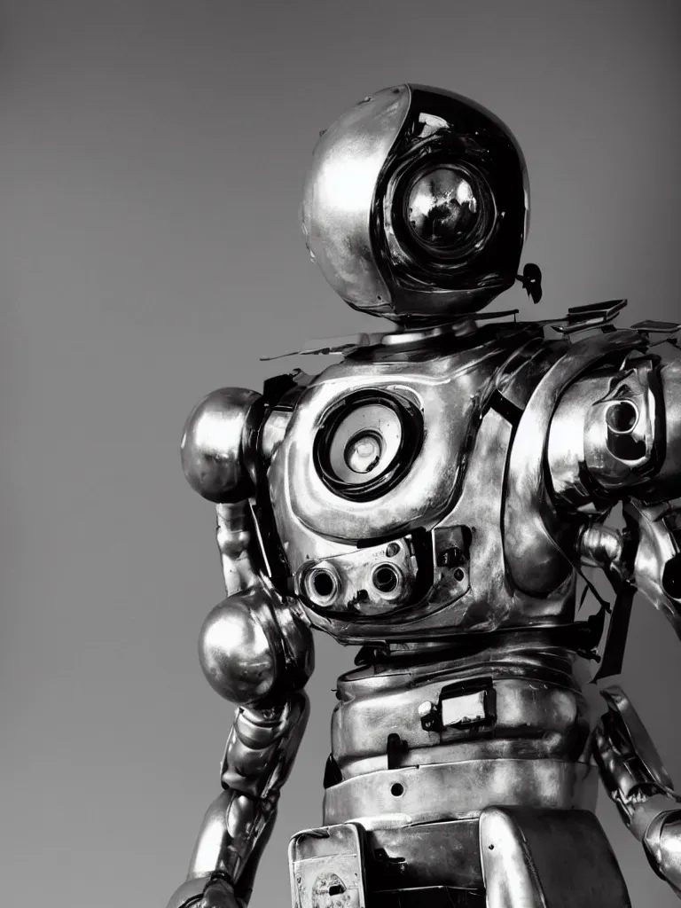 Image similar to “A perfectly centered beautiful 90mm black and white portrait photo of a retro-futuristic robot in Los Angeles, medium format photography, shallow depth of field”