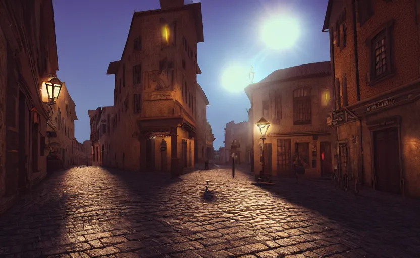 Prompt: photorealistic renaissance period city streets. Midnight. Candle lights. Lens flare. 8K. detailed. photorealism. artstation. 45mm f/1.7 ASPH Lens. ultra realistic