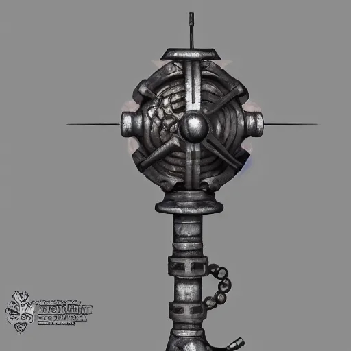 Prompt: rolginet, submergedscrews. it is an iron mace. all craftsmanship is of the highest quality. it is encircled with bands of iron and decorated with ash wood. 4 k, concept art, game concept, 4 k unreal engine digital art