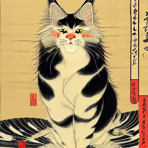 Image similar to beautiful portrait ukiyo - e painting of an ginger maine coon by kano hideyori, kano tan'yu, kaigetsudo ando, miyagawa choshun, okumura masanobu, kitagawa utamaro