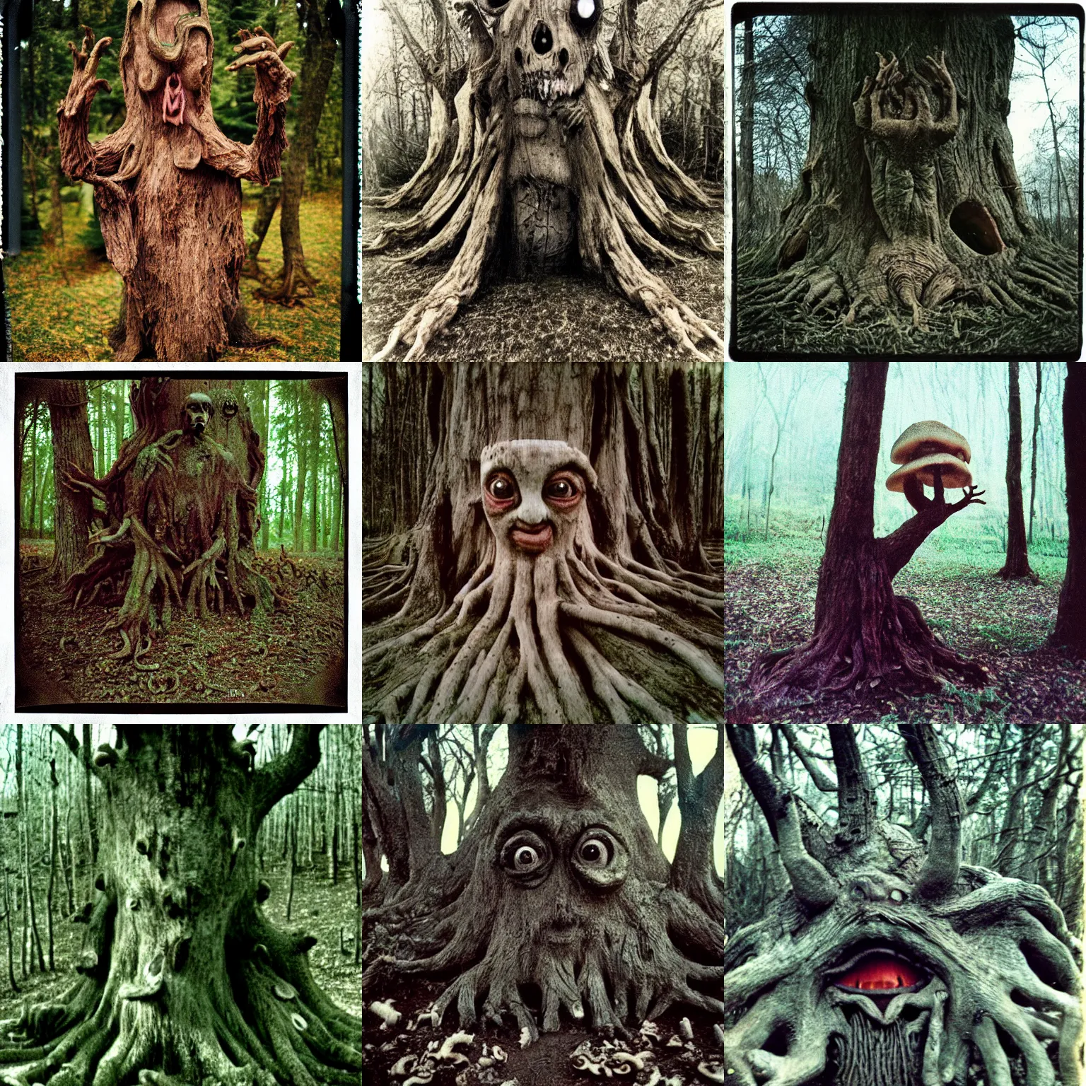 Prompt: a terrifying tree monster with distorted faces made of bark attacking mushrooms, lovecratftian horror, pans labyrinth, shot on expired instamatic film