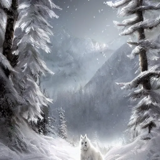 Prompt: a white wolf! on a snowy ( forest ) near a village!!, texture, intricate, details, highly detailed, masterpiece, architecture, building, trending on artstation, focus, sharp focus, concept art, digital painting, fantasy, sunny, day, midday