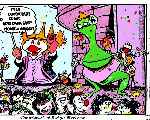 Prompt: The Clown Frog King pulls the lever initiating clown world, confetti bombs and honking ensues, cartoon by Ralph Bakshi