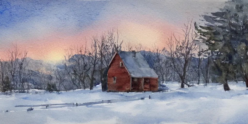 Image similar to a watercolor painting of a cabin in a snowy landscape, at dusk, painted by lars lerin