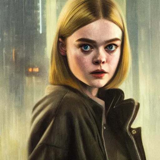 Image similar to ultra realistic portrait painting of elle fanning in blade runner 2 0 4 9, art by frank frazetta, 4 k, ultra realistic, highly detailed, epic lighting