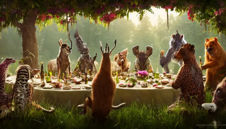 Image similar to a table dinner of exotic animals where animals are dressed like the characters from the midsommar movie wearing flowers, realistic detailed digital art by maxwell boas jessica rossier christian dimitrov anton fadeev trending on artstation cgsociety rendered in unreal engine 4 k hq