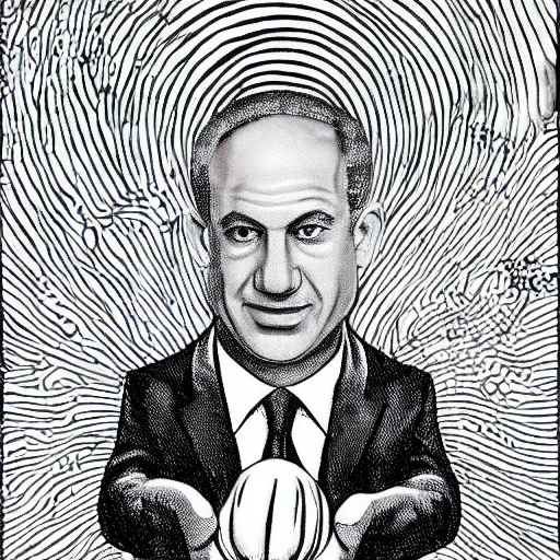 Prompt: painting of benjamin netanyahu holding a mushroom, cinematic composition, trippy, sharp focus, by alex grey