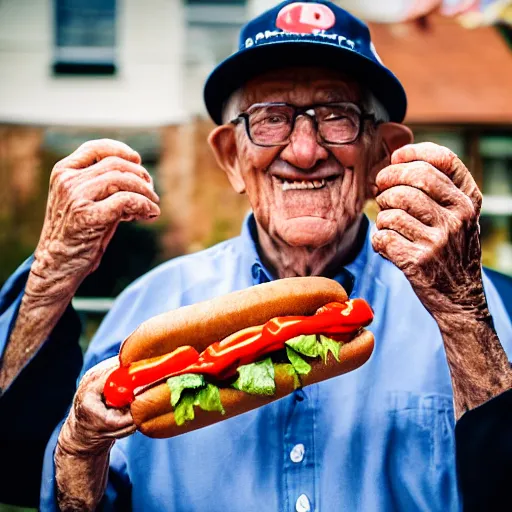 Image similar to portrait of a elderly man throwing a hotdog, 🌭, canon eos r 3, 8 0 mm f / 1. 2, iso 2 0 0, 1 / 1 6 0 s, 8 k, raw, unedited, symmetrical balance,